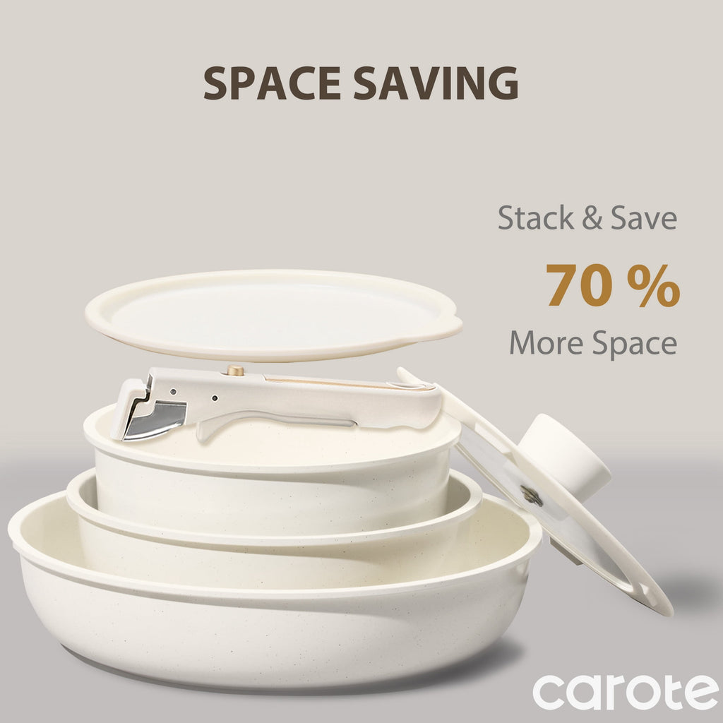 Carote Nonstick Detachable Pots and Pans Set, 6 Pieces Non Toxic Cookware Set with Induction, Oven/Dishwasher Safe, Easy for Storage, Granite White