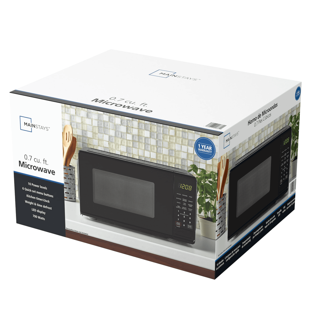 Mainstays 0.7 Cu ft Countertop Microwave Oven, 700 Watts, Black, New