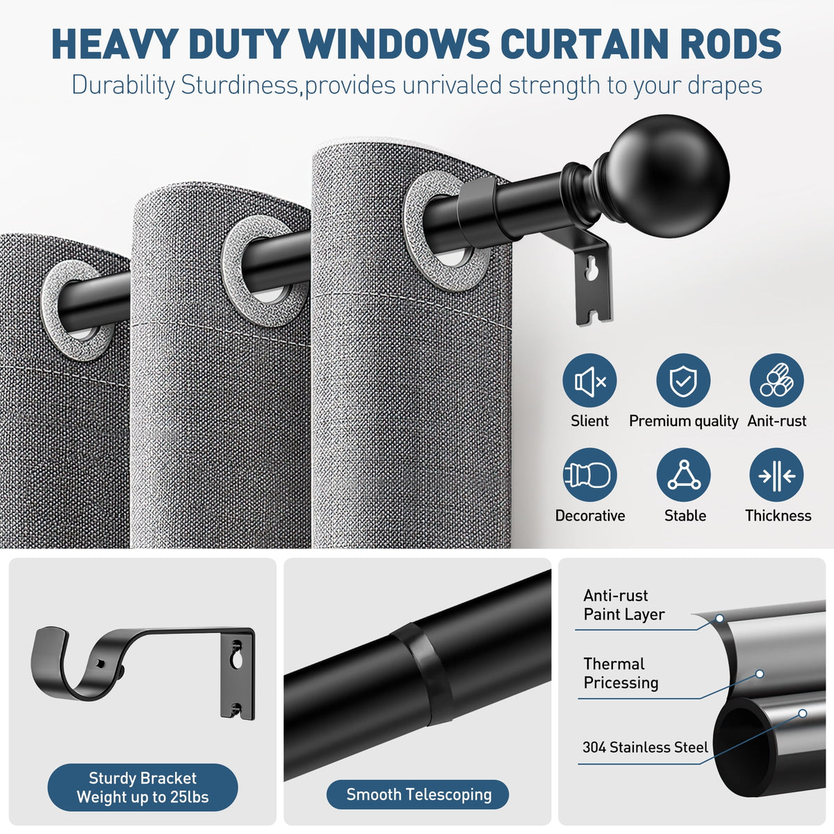 Single Curtain Rods for Windows 32 to 120 inch, Adjustable Window Curtain Rod, Window Curtain Rod with Ball Finials, 1 inch Diameter Decorative Curtain Rod Set, Modern Decorative Drapery Rods