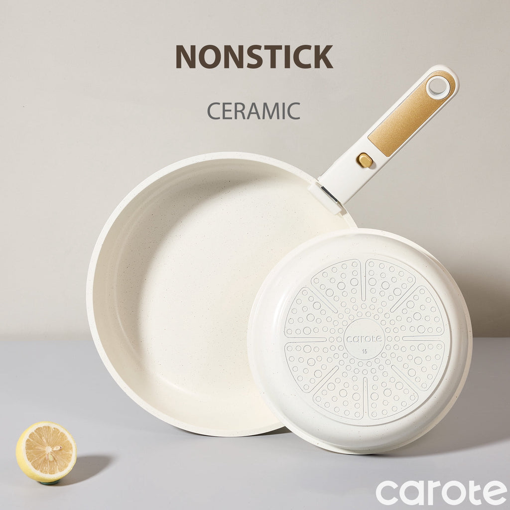 Carote Nonstick Detachable Pots and Pans Set, 6 Pieces Non Toxic Cookware Set with Induction, Oven/Dishwasher Safe, Easy for Storage, Granite White