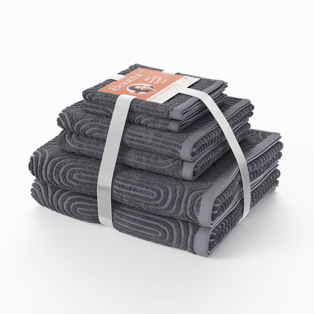 6-Piece Textured Bath Towel Set, Soft 100% Cotton, Smokey Blue