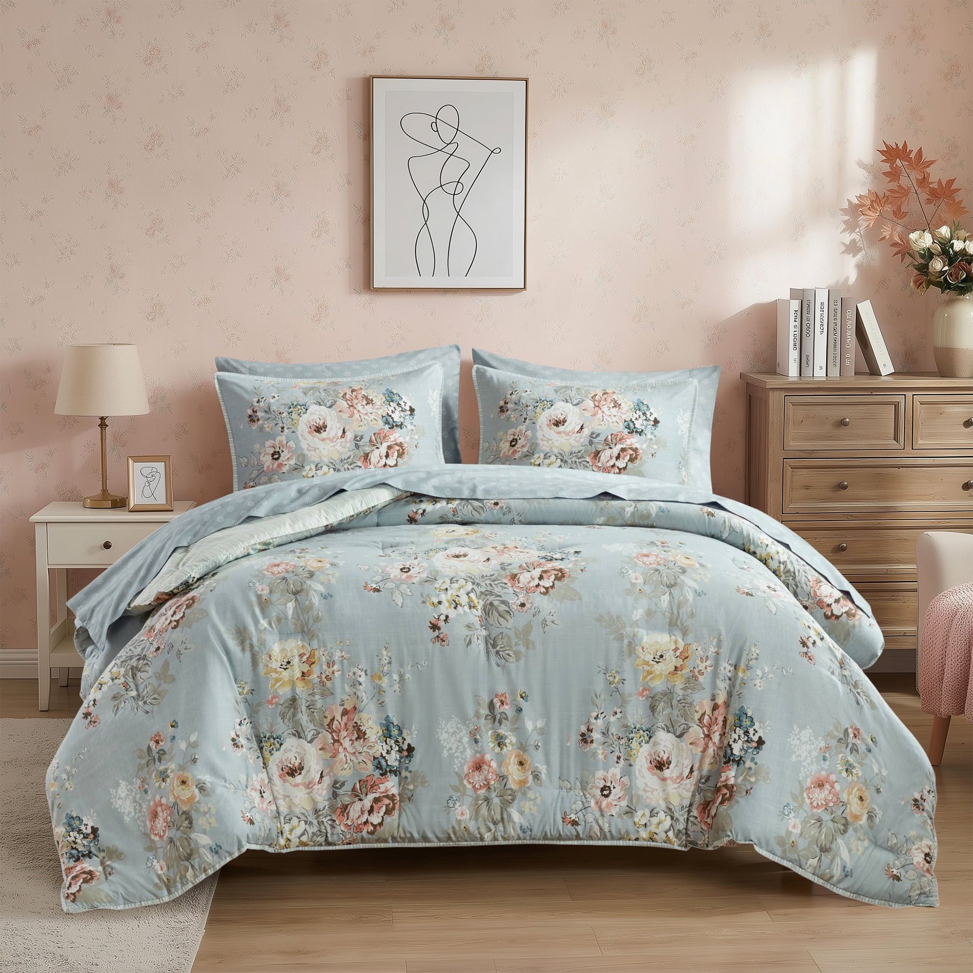 Queen Size Comforter Sets, Pink Vintage Floral Bed in a Bag Queen, 7 Pieces Bedding Comforter...