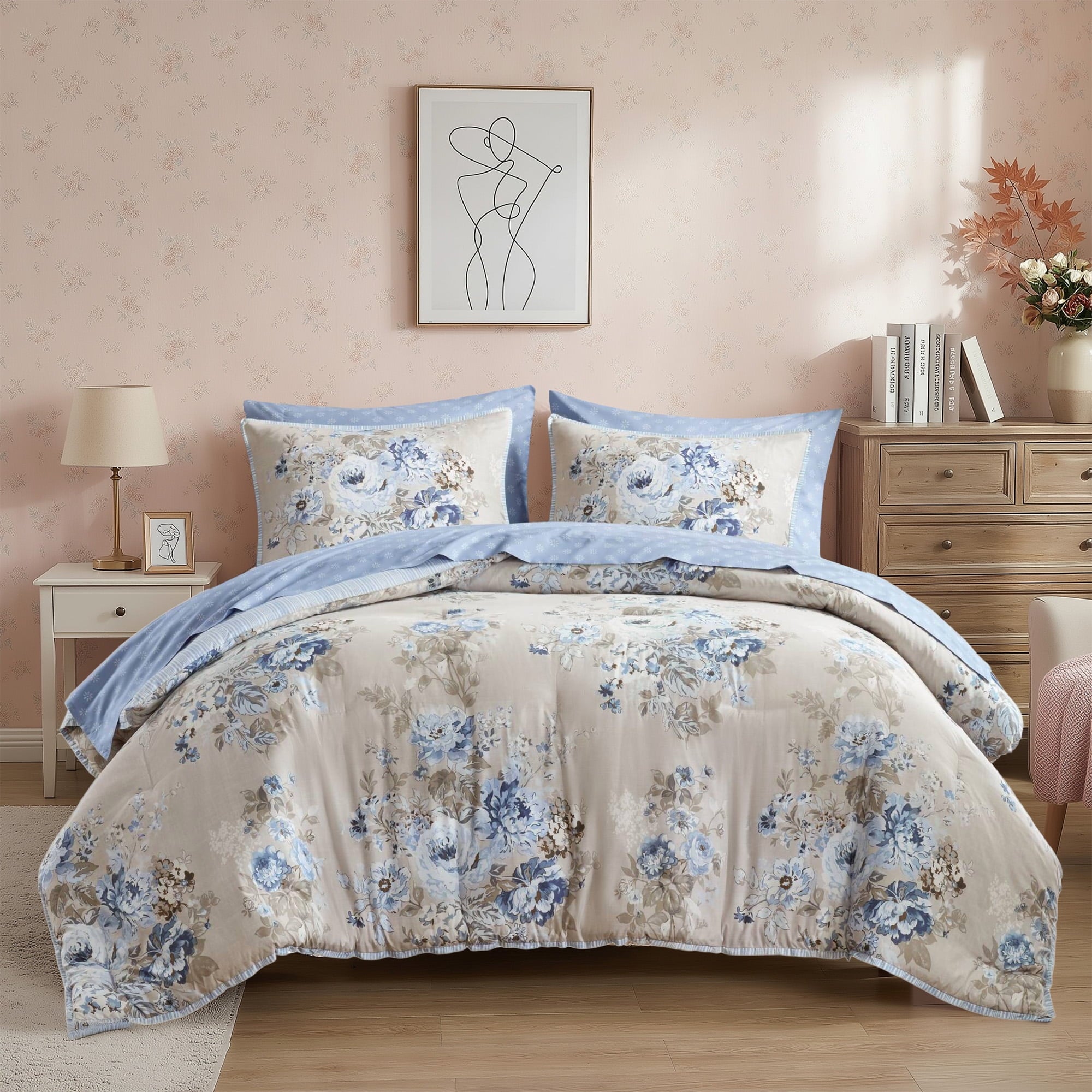 Queen Size Comforter Sets, Pink Vintage Floral Bed in a Bag Queen, 7 Pieces Bedding Comforter...