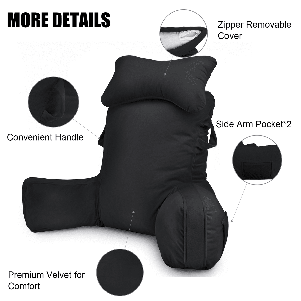 PHOGARY 31inch Reading Pillow for Bed Backrest with Arms - Black - Adult, Ultra-Comfy Microplush Cover & Detachable Neck Roll - Unmatched Support Bed Rest Sit Up Pillow