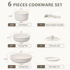 Carote Nonstick Detachable Pots and Pans Set, 6 Pieces Non Toxic Cookware Set with Induction, Oven/Dishwasher Safe, Easy for Storage, Granite White