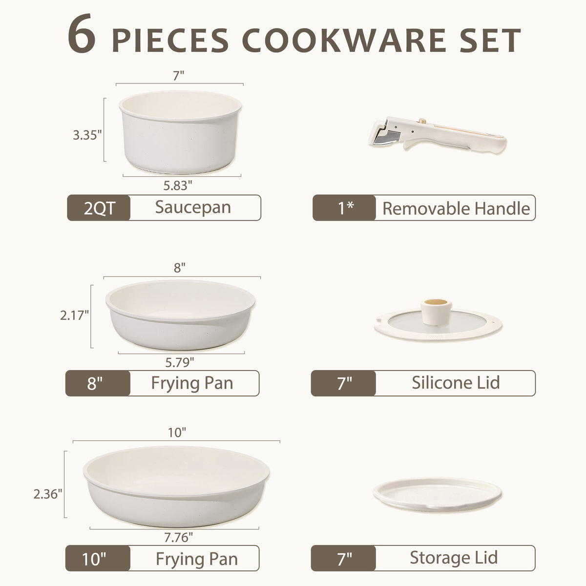 Carote Nonstick Detachable Pots and Pans Set, 6 Pieces Non Toxic Cookware Set with Induction, Oven/Dishwasher Safe, Easy for Storage, Granite White