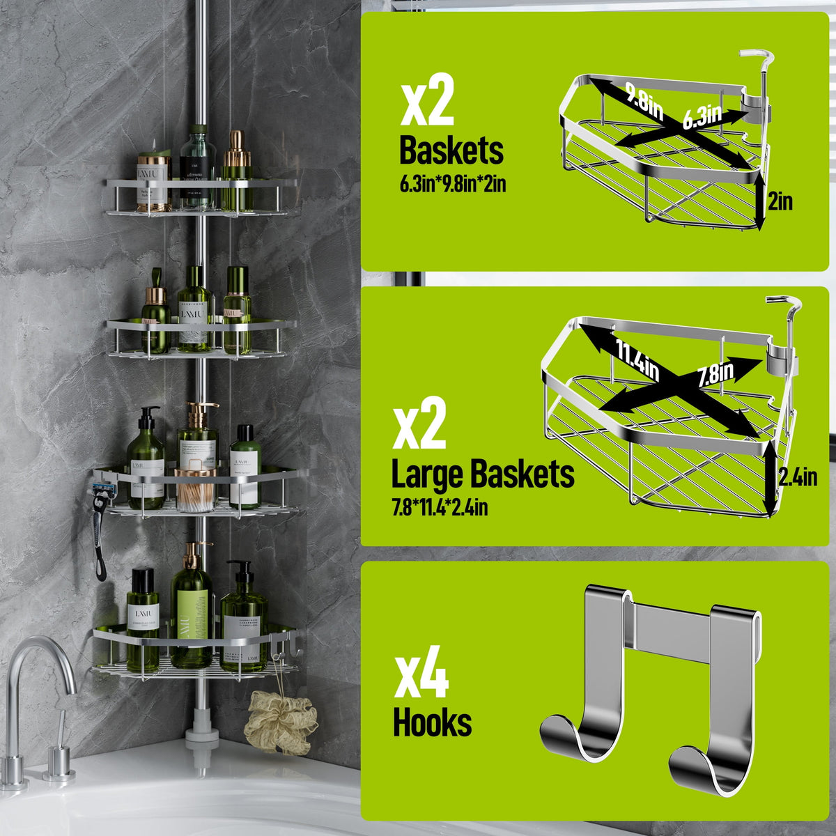 LazySpin 4-Tier Corner Shower Caddy Tension Pole, Fits 37.8”-124”, Silver